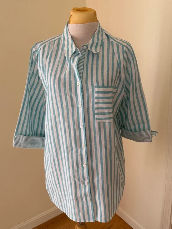 New! Chico's women’s Sz 3/XL shirtail tunic Striped 3/4 sleeve aqua linen shirt. - Picture 3 of 8